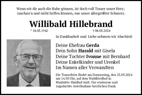 Traueranzeige von Willibald Hillebrand von Mittelbayerische Zeitung Kelheim