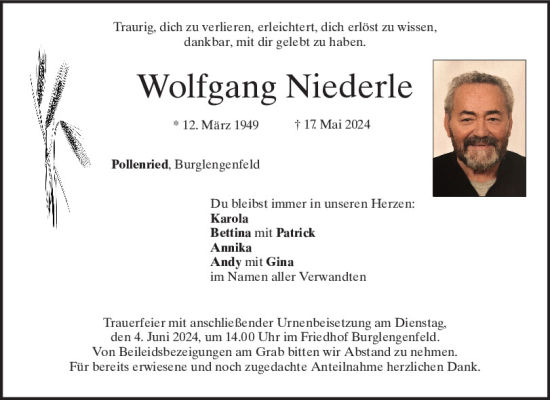 Traueranzeige von Wolfgang Niederle von Mittelbayerische Zeitung Regensburg