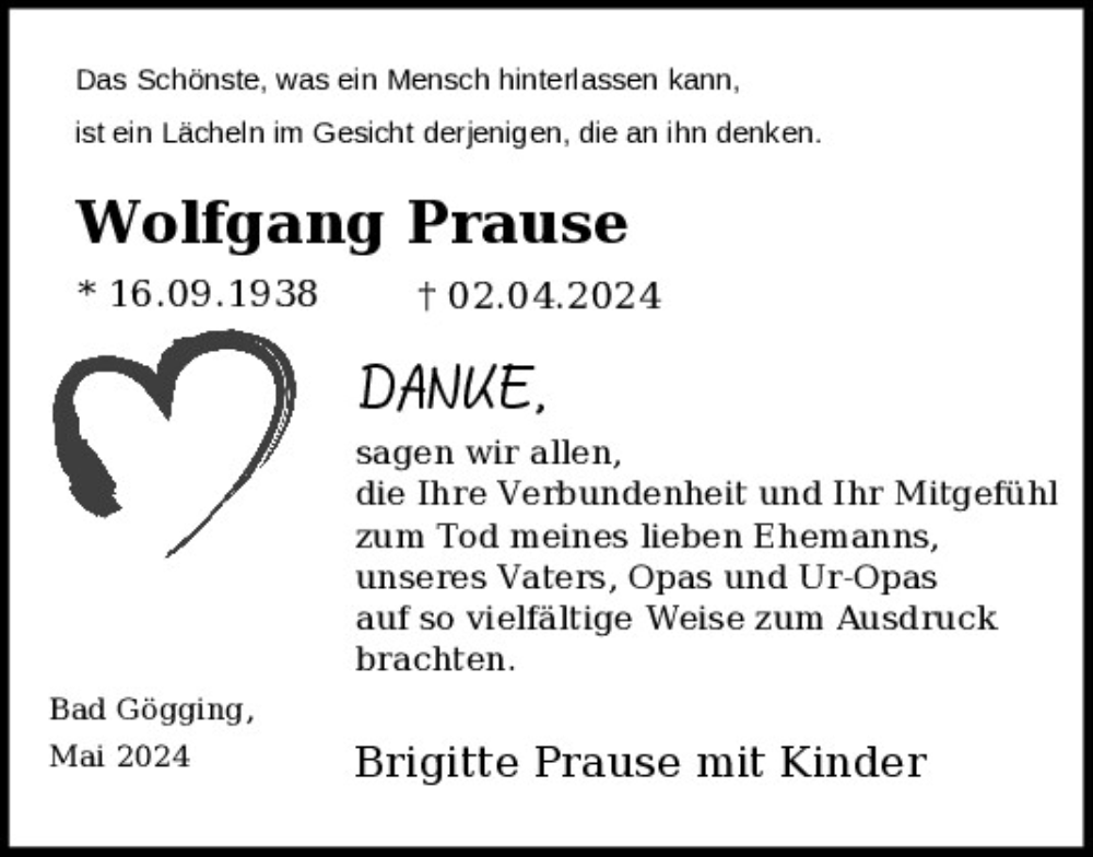  Traueranzeige für Wolfgang Prause vom 29.05.2024 aus Mittelbayerische Zeitung Kelheim