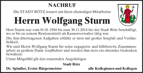 Traueranzeige von Wolfgang Sturm von Bayerwald Echo