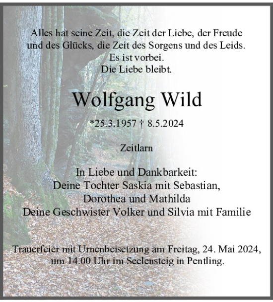 Traueranzeige von Wolfgang Wild von Mittelbayerische Zeitung Regensburg