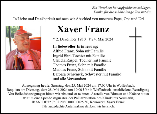 Traueranzeige von Xaver Franz von Neumarkter Tagblatt