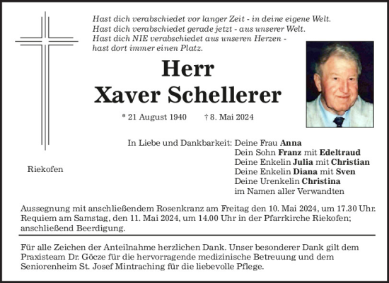 Traueranzeige von Xaver Schellerer von Mittelbayerische Zeitung Regensburg