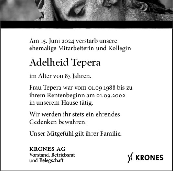 Traueranzeige von Adelheid Tepera von Mittelbayerische Zeitung Regensburg