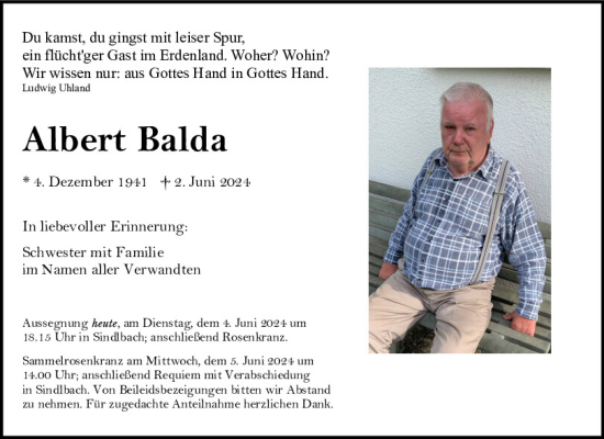 Traueranzeige von Albert Balda von Neumarkter Tagblatt