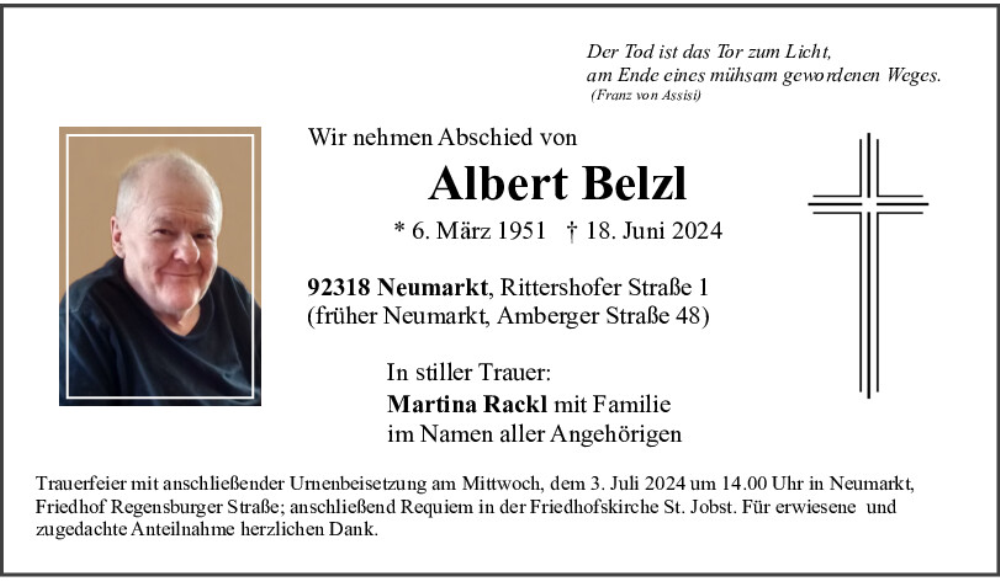  Traueranzeige für Albert Belzl vom 29.06.2024 aus Neumarkter Tagblatt