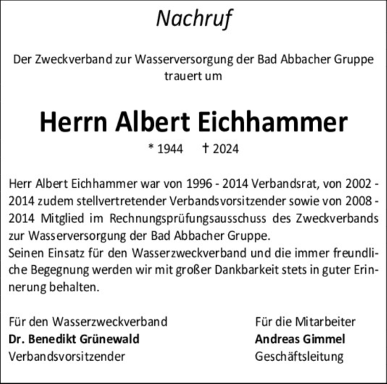 Traueranzeige von Albert Eichhammer von Mittelbayerische Zeitung Kelheim