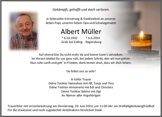 Traueranzeige von Albert Müller von Mittelbayerische Zeitung Regensburg
