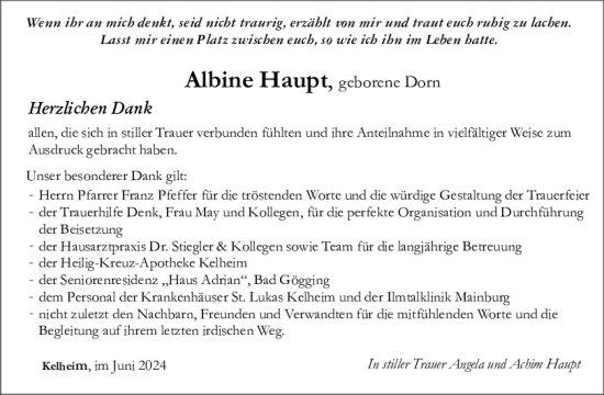 Traueranzeige von Albine Haupt von Mittelbayerische Zeitung Kelheim