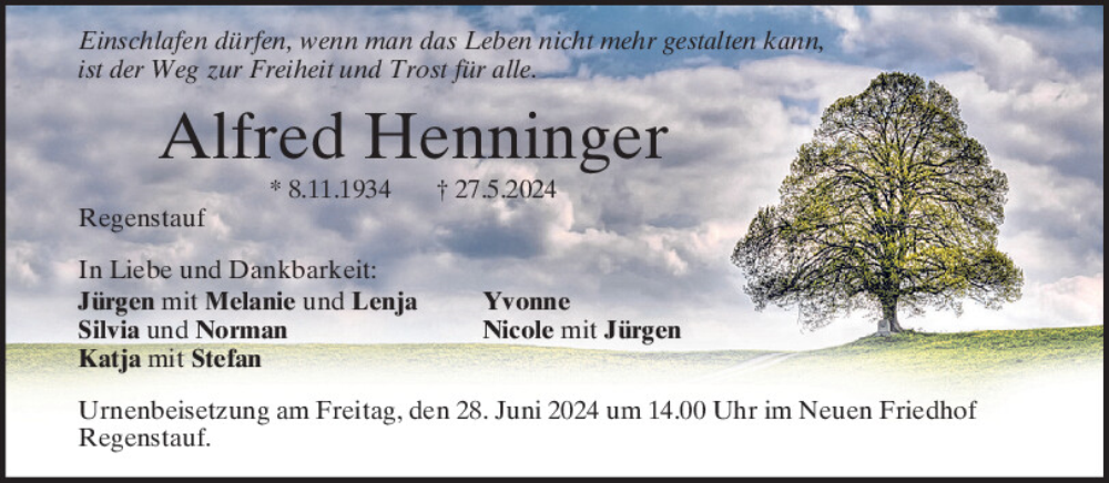  Traueranzeige für Alfred Henninger vom 22.06.2024 aus Mittelbayerische Zeitung Regensburg