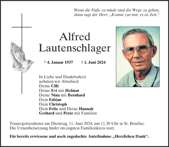 Traueranzeige von Alfred Lautenschlager von Mittelbayerische Zeitung Regensburg