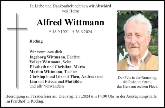 Traueranzeige von Alfred Wittmann von Bayerwald Echo