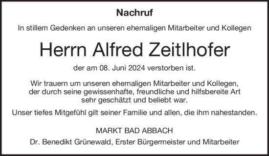 Traueranzeige von Alfred Zeitlhofer von Mittelbayerische Zeitung Kelheim
