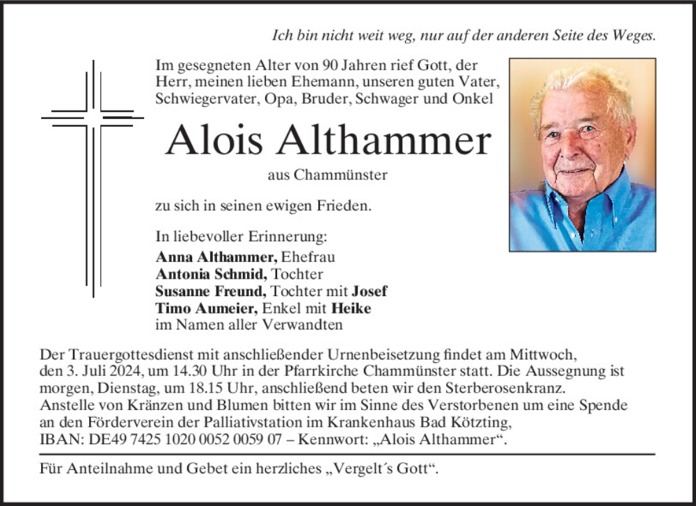  Traueranzeige für Alois Althammer vom 01.07.2024 aus Bayerwald Echo