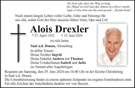 Traueranzeige von Alois Drexler von Mittelbayerische Zeitung Kelheim