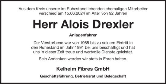 Traueranzeige von Alois Drexler von Mittelbayerische Zeitung Kelheim