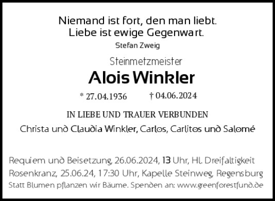 Traueranzeige von Alois Winhler von Mittelbayerische Zeitung Regensburg