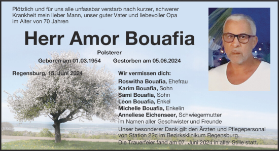 Traueranzeige von Amor Bouafia von Mittelbayerische Zeitung Regensburg