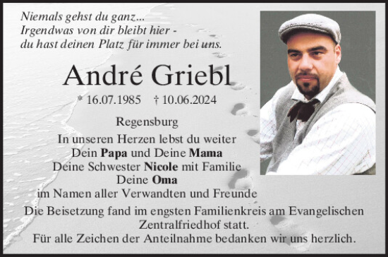Traueranzeige von Andre Griebl von Mittelbayerische Zeitung Regensburg