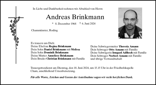 Traueranzeige von Andreas Brinkmann von Bayerwald Echo