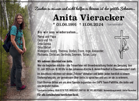 Traueranzeige von Anita Vieracker von Mittelbayerische Zeitung Schwandorf