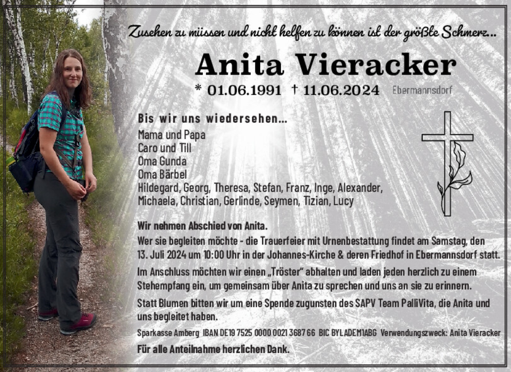  Traueranzeige für Anita Vieracker vom 15.06.2024 aus Mittelbayerische Zeitung Schwandorf