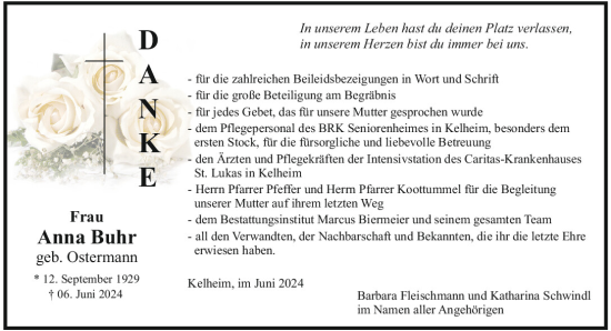 Traueranzeige von Anna Buhr von Mittelbayerische Zeitung Kelheim
