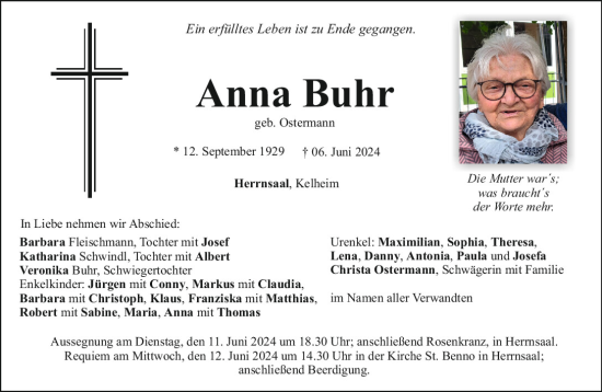 Traueranzeige von Anna Buhr von Mittelbayerische Zeitung Kelheim