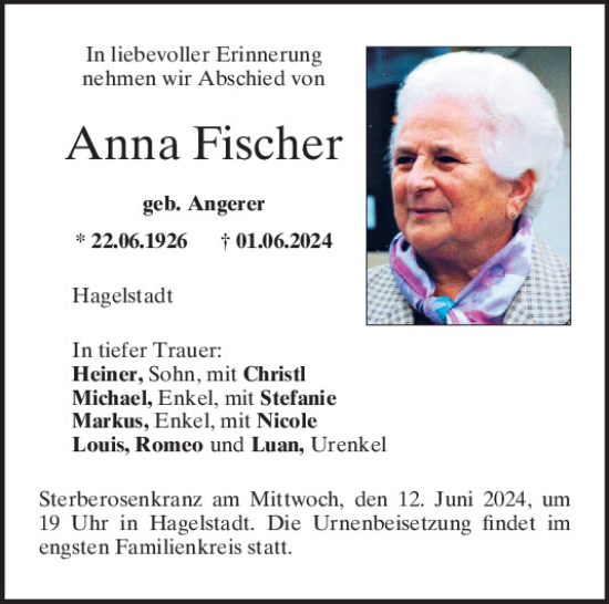 Traueranzeige von Anna Fischer von Mittelbayerische Zeitung Regensburg