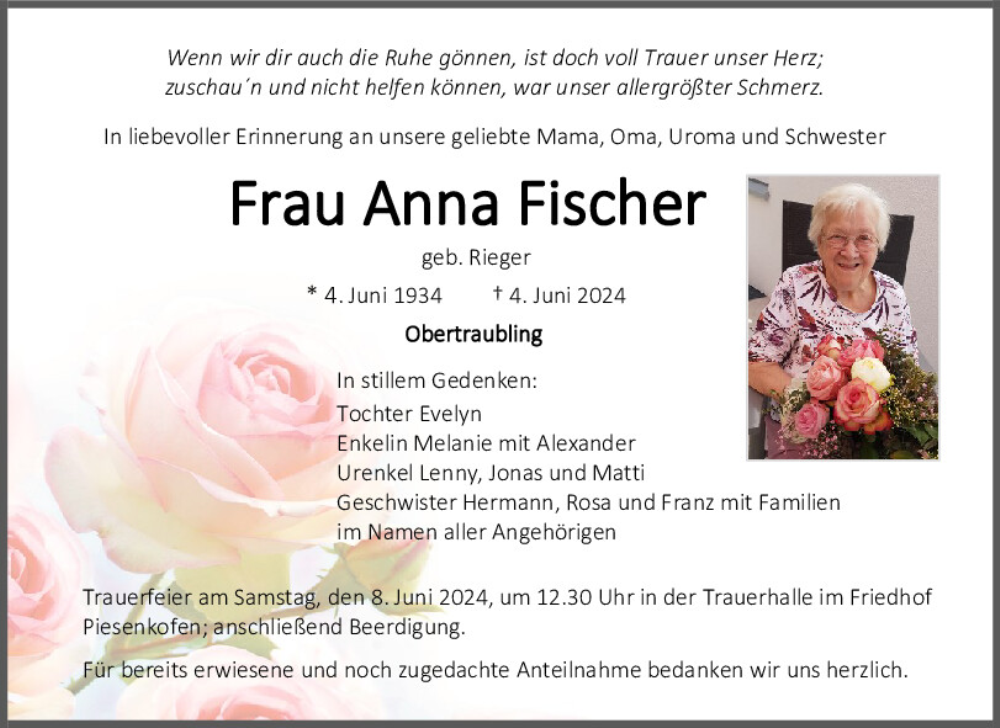  Traueranzeige für Anna Fischer vom 07.06.2024 aus Mittelbayerische Zeitung Regensburg