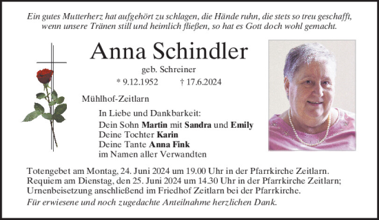 Traueranzeige von Anna Schindler von Mittelbayerische Zeitung Regensburg
