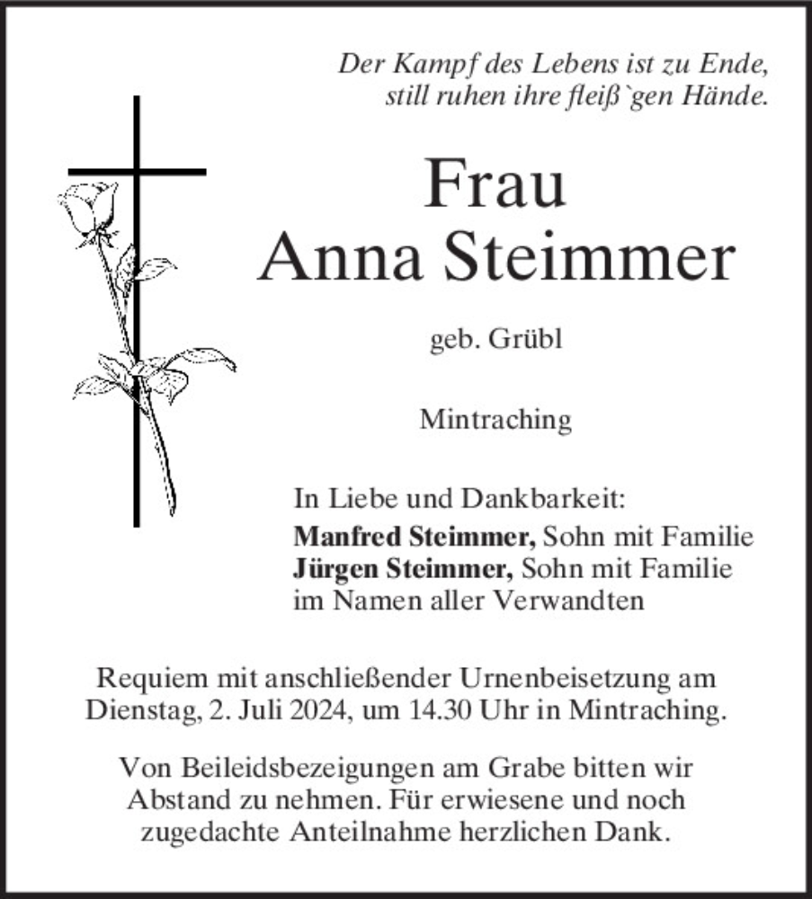  Traueranzeige für Anna Steimmer vom 29.06.2024 aus Mittelbayerische Zeitung Regensburg