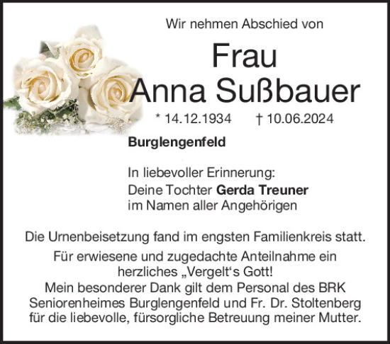 Traueranzeige von Anna Sußbauer von Mittelbayerische Zeitung Schwandorf