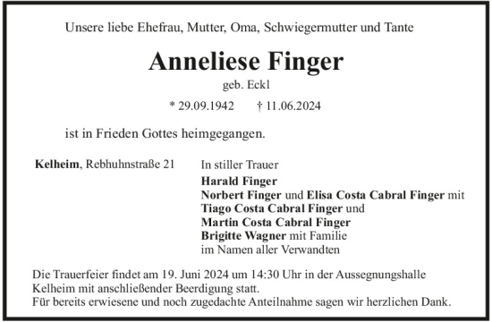 Traueranzeige von Anneliese Finger von Mittelbayerische Zeitung Kelheim