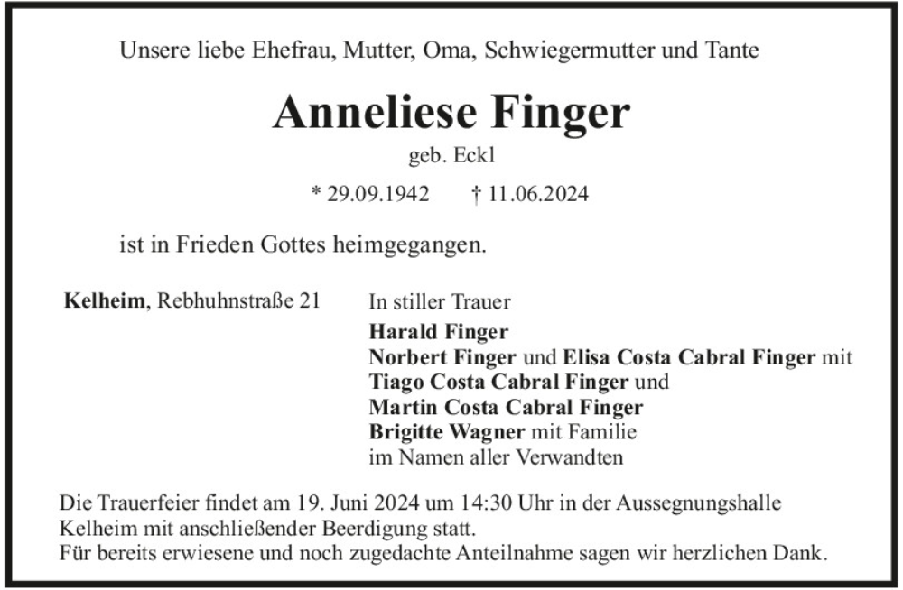  Traueranzeige für Anneliese Finger vom 15.06.2024 aus Mittelbayerische Zeitung Kelheim