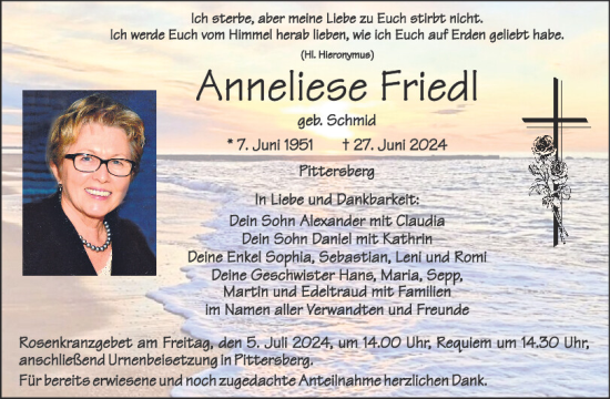 Traueranzeige von Anneliese Friedl von Mittelbayerische Zeitung Schwandorf