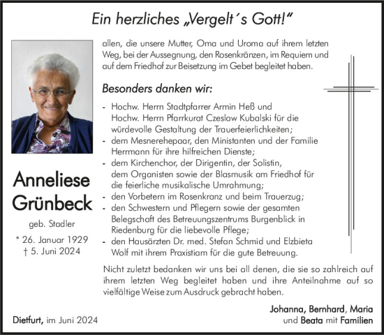 Traueranzeige von Anneliese Grünbeck von Neumarkter Tagblatt