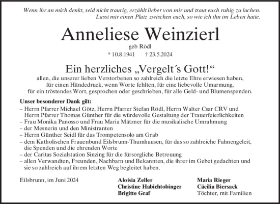 Traueranzeige von Anneliese Weinzierl von Mittelbayerische Zeitung Regensburg