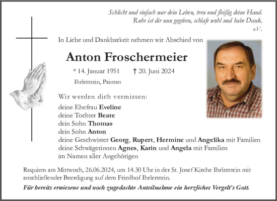 Traueranzeige von Anton Froschermeier von Mittelbayerische Zeitung Kelheim