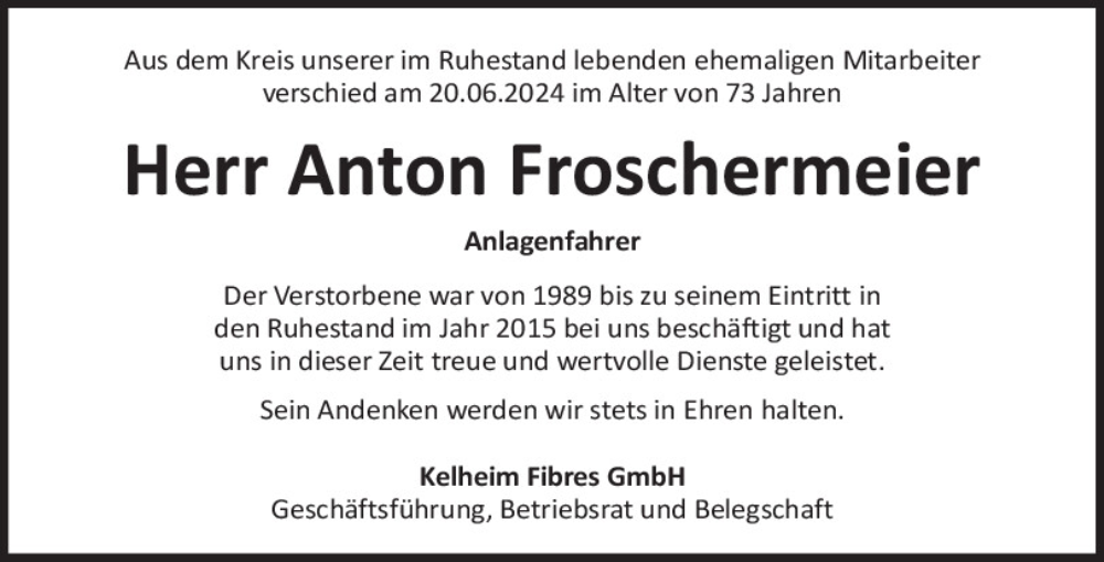  Traueranzeige für Anton Froschermeier vom 25.06.2024 aus Mittelbayerische Zeitung Kelheim
