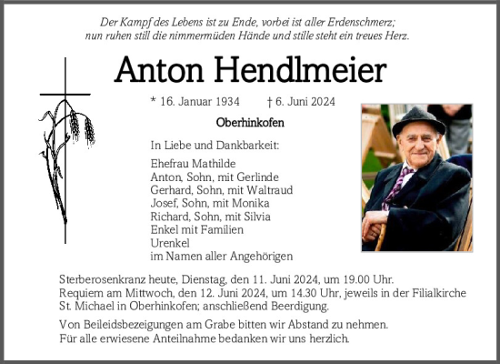 Traueranzeige von Anton Hendlmeier von Mittelbayerische Zeitung Regensburg