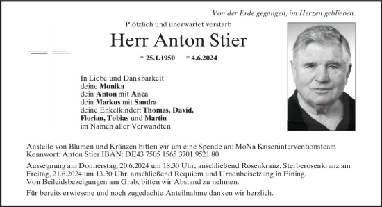 Traueranzeige von Anton Stier von Mittelbayerische Zeitung Kelheim