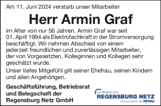 Traueranzeige von Armin Graf von Mittelbayerische Zeitung Regensburg