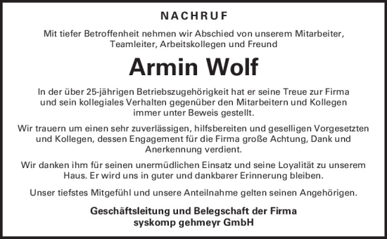 Traueranzeige von Armin Wolf von Mittelbayerische Zeitung Regensburg