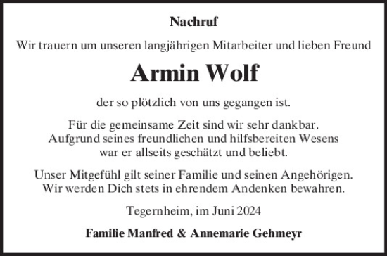 Traueranzeige von Armin Wolf von Mittelbayerische Zeitung Gesamtausgabe