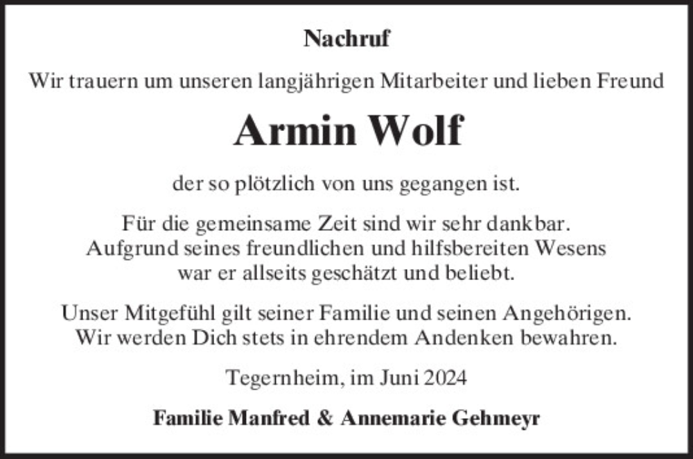  Traueranzeige für Armin Wolf vom 08.06.2024 aus Mittelbayerische Zeitung Gesamtausgabe