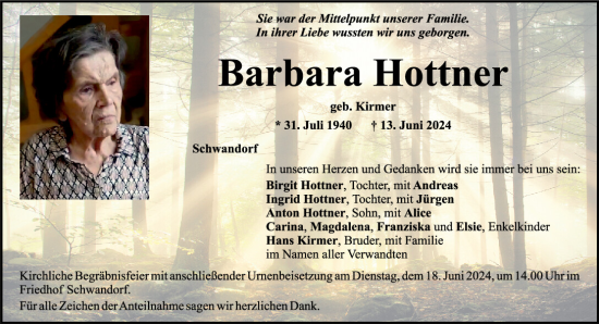 Traueranzeige von Barbara Hottner von Mittelbayerische Zeitung Schwandorf