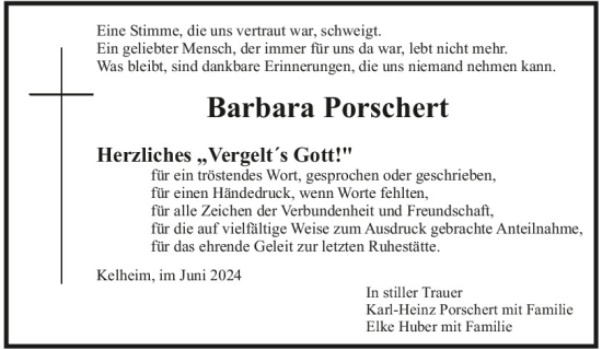 Traueranzeige von Barbara Porschert von Mittelbayerische Zeitung Kelheim
