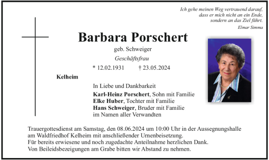 Traueranzeige von Barbara Porschert von Mittelbayerische Zeitung Kelheim