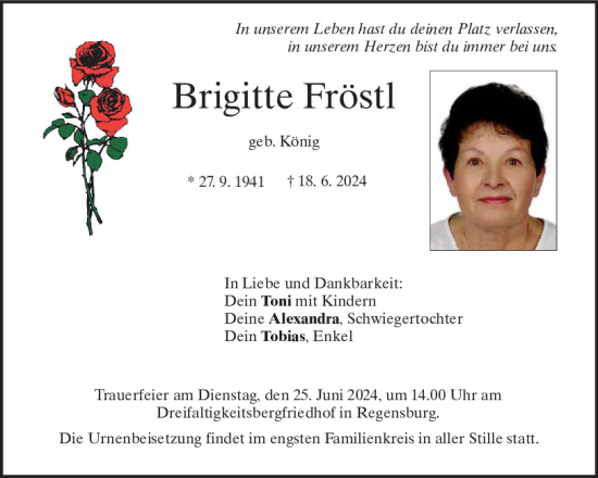 Traueranzeige von Brigitte Fröstl von Mittelbayerische Zeitung Schwandorf